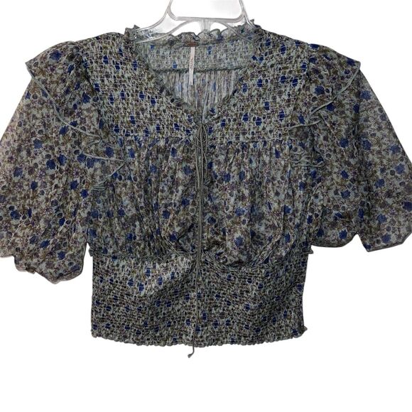 Free People Beatrice Top Womens L Floral Lace Smocked Lace Up Neckline Fairy - Picture 1 of 11
